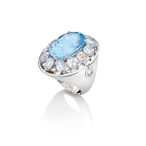 Maxi Anel Delune Topázio Azul Pedras da Lua e Diamantes em Ouro Branco 18k