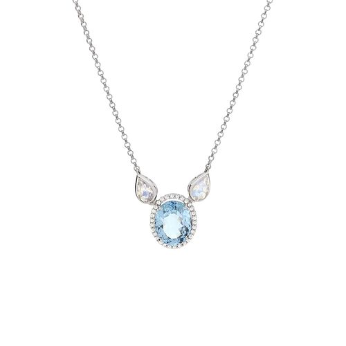 Colar Delune Topázio Azul Pedras da Lua e Diamantes em Ouro Branco 18k
