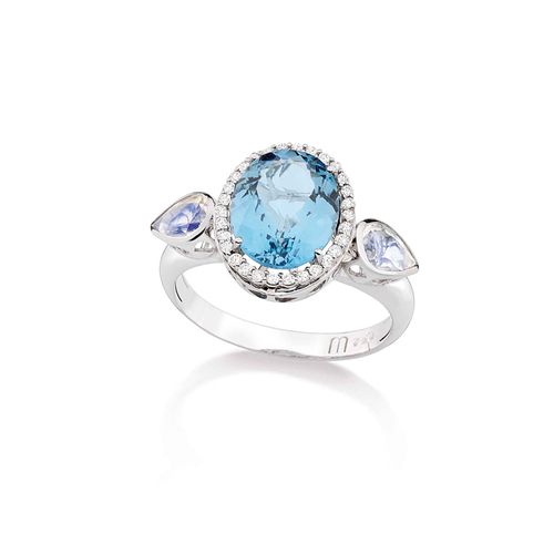 Anel Delune Topázio Azul Pedras da Lua e Diamantes em Ouro Branco 18k
