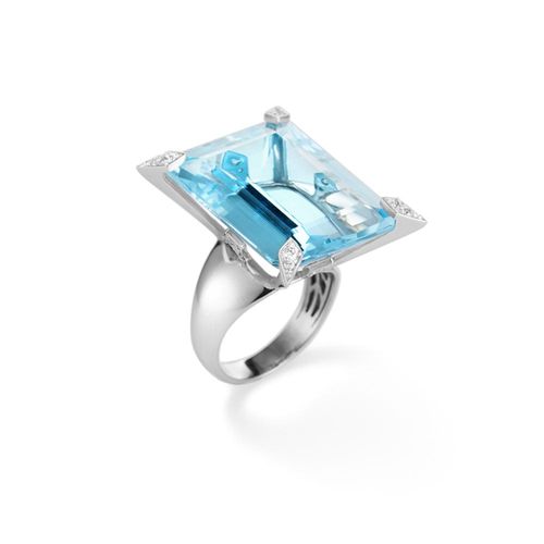 Anel Rosa dos Ventos em Ouro Branco 18k com Topázio Azul e Diamantes