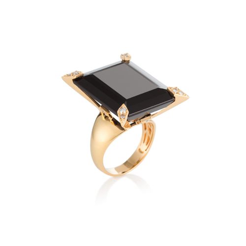 Anel Rosa dos Ventos em Ouro Amarelo 18k com Quartzo Negro e Diamantes