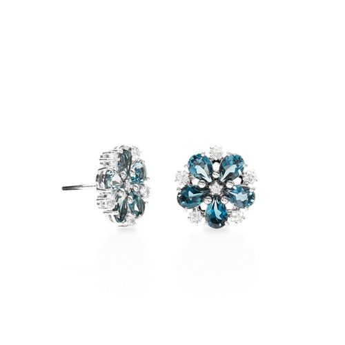 Brincos Cuore Della Luce flor de Ouro Branco 18k com topázios london, topázios brancos e diamante