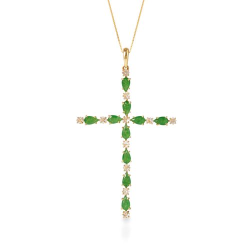 Pingente Cuore Della Luce cruz de Ouro Amarelo 18k com quartzitos verdes e topázios brancos