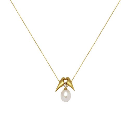 Colar Pássaros Namorados em Ouro Amarelo 18k com Diamante e Pérola