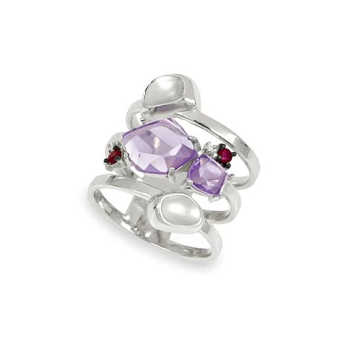Anel Serenity em Prata de Lei 925 Aros com Lavandas, Rubis e Diamantes