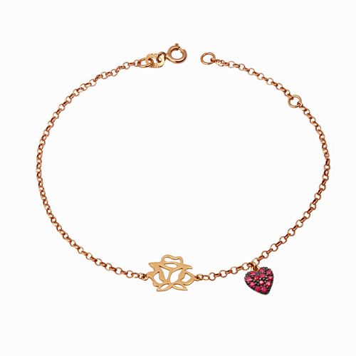 Pulseira Ps.Te Amo Rosa e Coração com Rubis em Ouro Rosé 18k