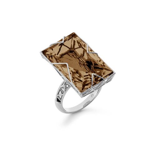 Anel Origami Silver em Prata de Lei 925 Retangular com Quartzo Fumê
