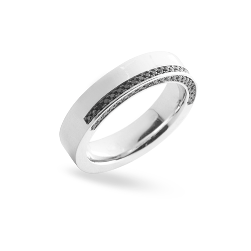 Aliança Dueto de Ouro Branco 18k Meia Cravejada de Diamantes Negros