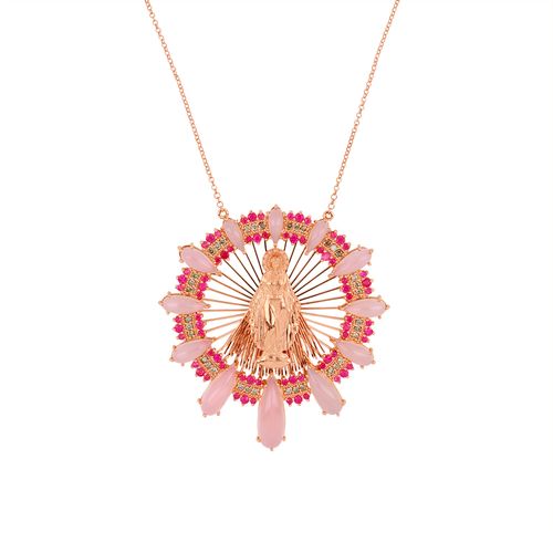 Colar Gloria Nossa Senhora Milagrosa de Ouro Rosé 18k com Calcedônias Rosa, Rubis e Diamantes