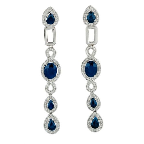 Brincos Eterno Longos de Ouro Branco 18k com Safiras e Diamantes