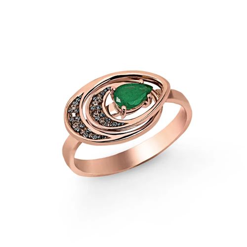 Anel Coral Reef Gota de Ouro Rosé 18k com Esmeralda e Diamantes Chocolates