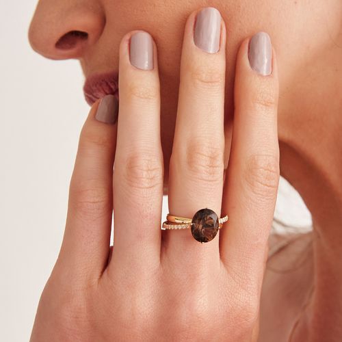Anel Fuji de Ouro 18k com Quartzo Fumê e Diamantes