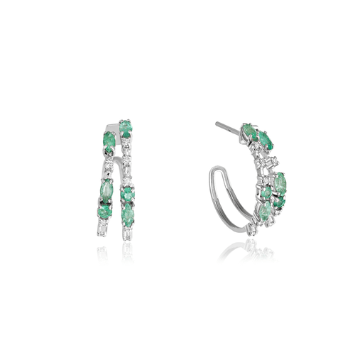 Brincos Kyoto Meia Argola de Ouro Branco 18k com Esmeraldas e Diamantes
