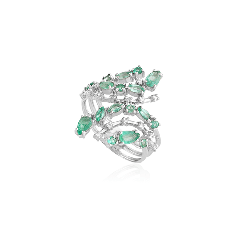 Anel Kyoto G de Ouro Branco 18k com Esmeraldas e Diamantes