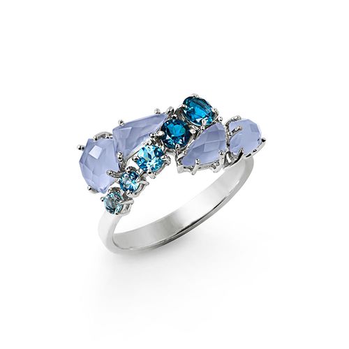 Anel Deep Blue P de Ouro Branco 18k com Calcedônias e Topázios Azuis