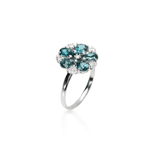 Anel Cuore Della Luce Flor de Ouro Branco 18k com Topázios e Diamante