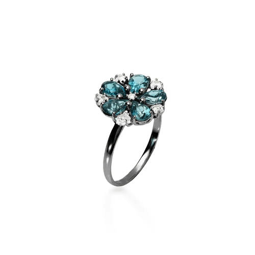 Anel Cuore Della Luce Flor de Ouro Negro 18k com Topázios e Diamante