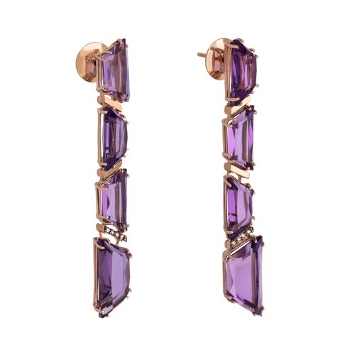 Brincos Musa Longo de Ouro Rosé 18k com Ametistas e Diamantes Chocolate