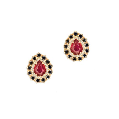 Brincos Caleidoscópio em Ouro Amarelo 18k com Rubi, Diamantes Branco e Diamantes Negro