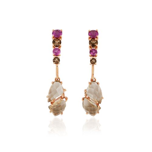 Brincos Leaf M de Ouro 18k com Rodolitas e Quartzos Fumê