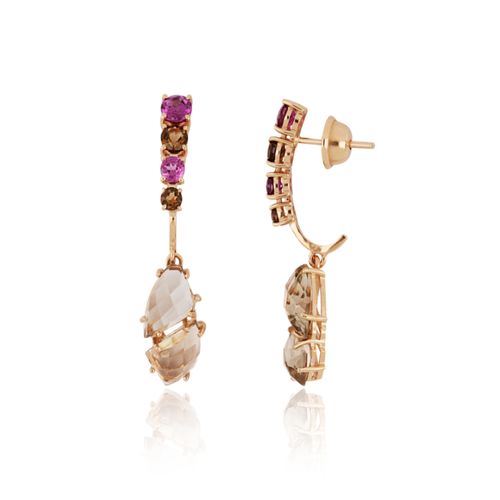 Brincos Leaf M de Ouro 18k com Rodolitas e Quartzos Fumê