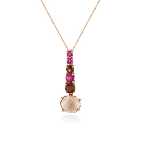 Pingente Leaf de Ouro 18k com Degradê de Rodolitas e Quartzos Fumê
