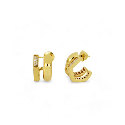 Brincos Meia Argola Dupla Aura P de Ouro Amarelo 18k com Diamantes