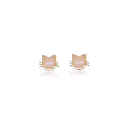 Brincos Infantis Gatinho de Ouro Amarelo 18k com Pérolas