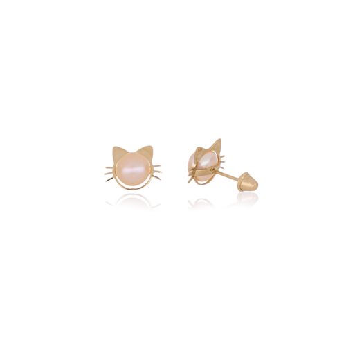 Brincos Infantis Gatinho de Ouro Amarelo 18k com Pérolas