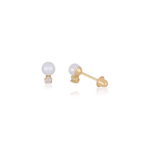 Brincos Infantis de Ouro Amarelo com Pérolas e Diamantes