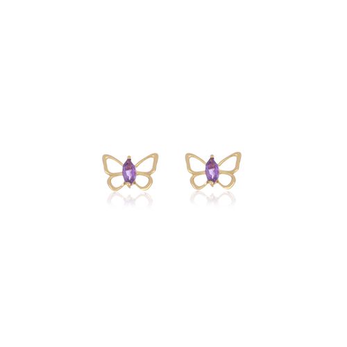 Brincos Infantis Borboleta de Ouro Amarelo 18k com Ametista