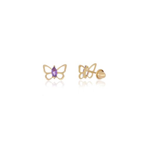 Brincos Infantis Borboleta de Ouro Amarelo 18k com Ametista