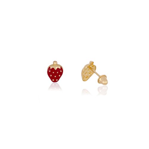 Brincos Infantis Morango de Ouro Amarelo 18k Esmaltado