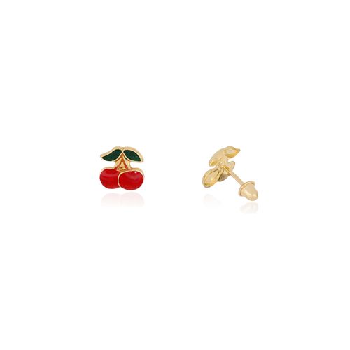 Brincos Infantis Cereja de Ouro Amarelo 18k Esmaltado