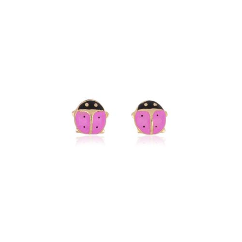 Brincos Infantis Joaninha Rosa de Ouro Amarelo 18k Esmaltado