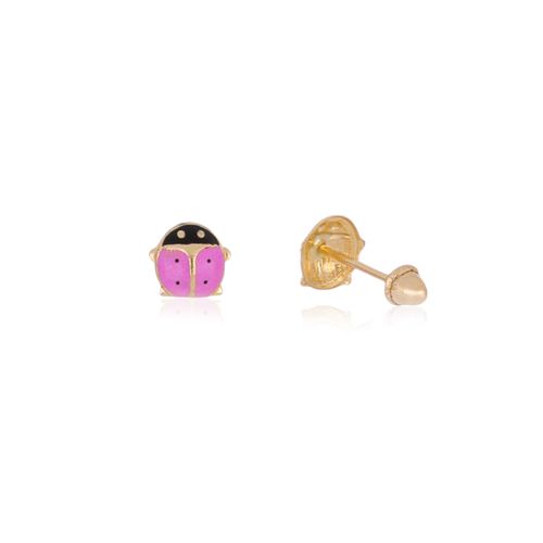 Brincos Infantis Joaninha Rosa de Ouro Amarelo 18k Esmaltado