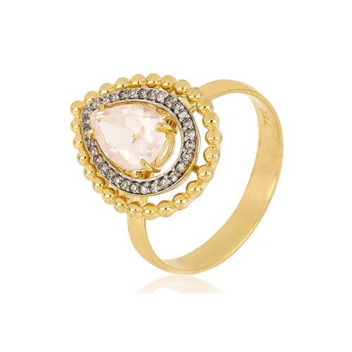 Anel Quatzo Gota de Ouro Amarelo 18k com Quartzo Rosa e Diamantes