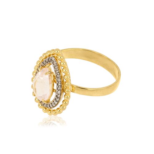 Anel Quatzo Gota de Ouro Amarelo 18k com Quartzo Rosa e Diamantes