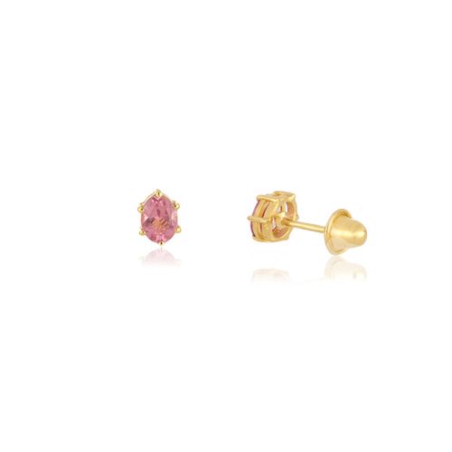 Brincos Pequenos Tesouros Oval de Ouro Amarelo18k com Rubelita
