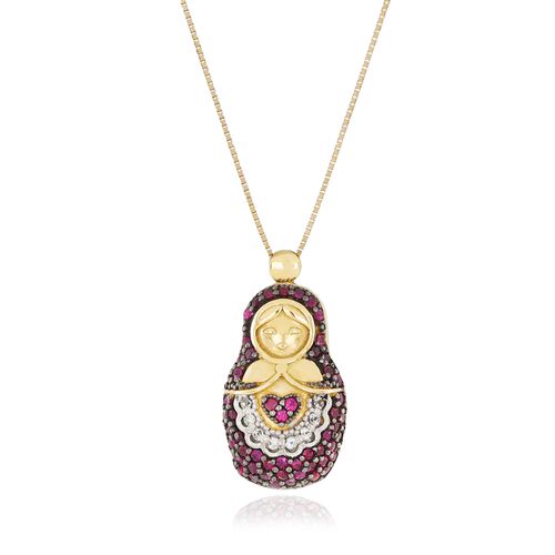 Colar Boneca Matrioska de Ouro Amarelo 18k com Rubis e Topázios Brancos