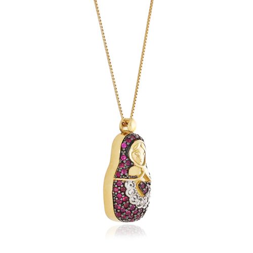Colar Boneca Matrioska de Ouro Amarelo 18k com Rubis e Topázios Brancos