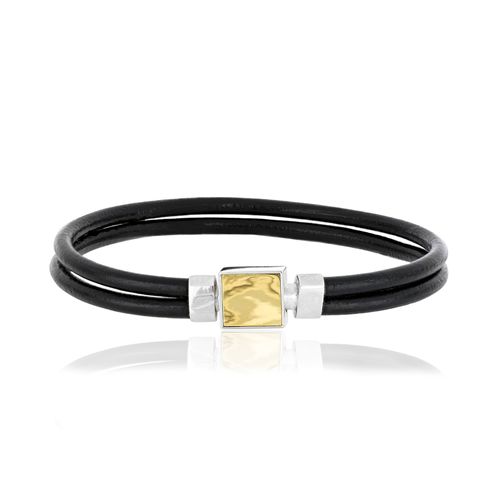 Pulseira Pulso Quadrada de Couro, Prata 925 e Ouro 18k (YOU MEN by Maxior)