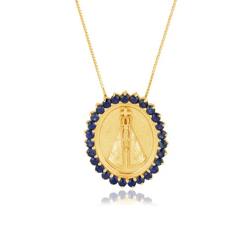 Pingente Nossa Senhora Aparecida de Ouro Amarelo 18k com Safiras (20x17mm)