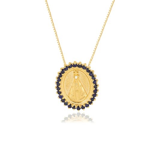 Pingente Nossa Senhora Aparecida de Ouro Amarelo 18k com Safiras (15x12mm)