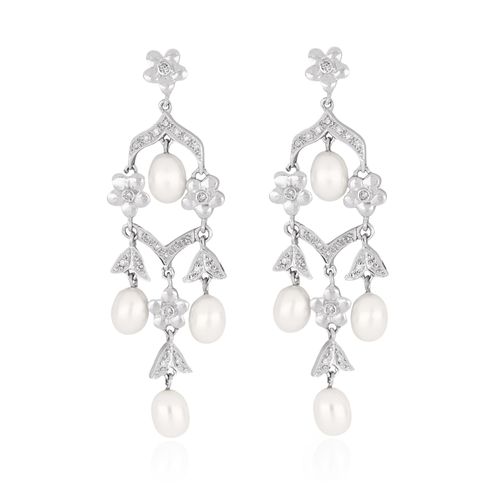 Brincos Bridal Floral de Ouro Branco 18k com Pérolas e Diamantes