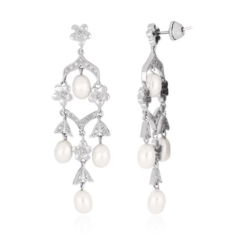 Brincos Bridal Floral de Ouro Branco 18k com Pérolas e Diamantes