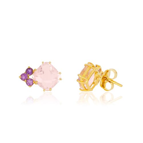 Brincos P Laços Eternos de Ouro Amarelo 18k com Quartzos Rosa e Ametistas