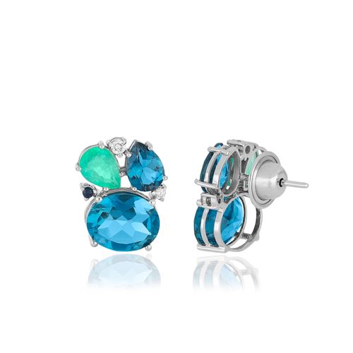 Brincos Boreal de Ouro Branco 18k com Topázio London e Esmeraldas
