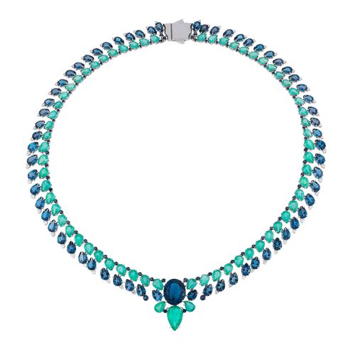 Colar Boreal de Ouro Branco 18k com Topázio London e Esmeraldas