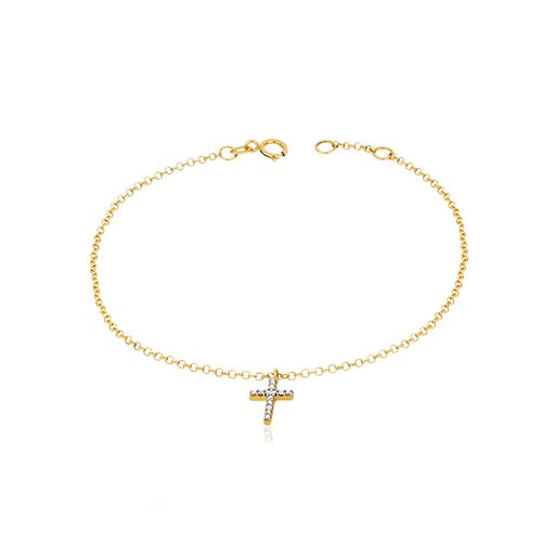 Pulseira Cruz de Ouro Amarelo 18k 1/2 Cravejada de Diamantes